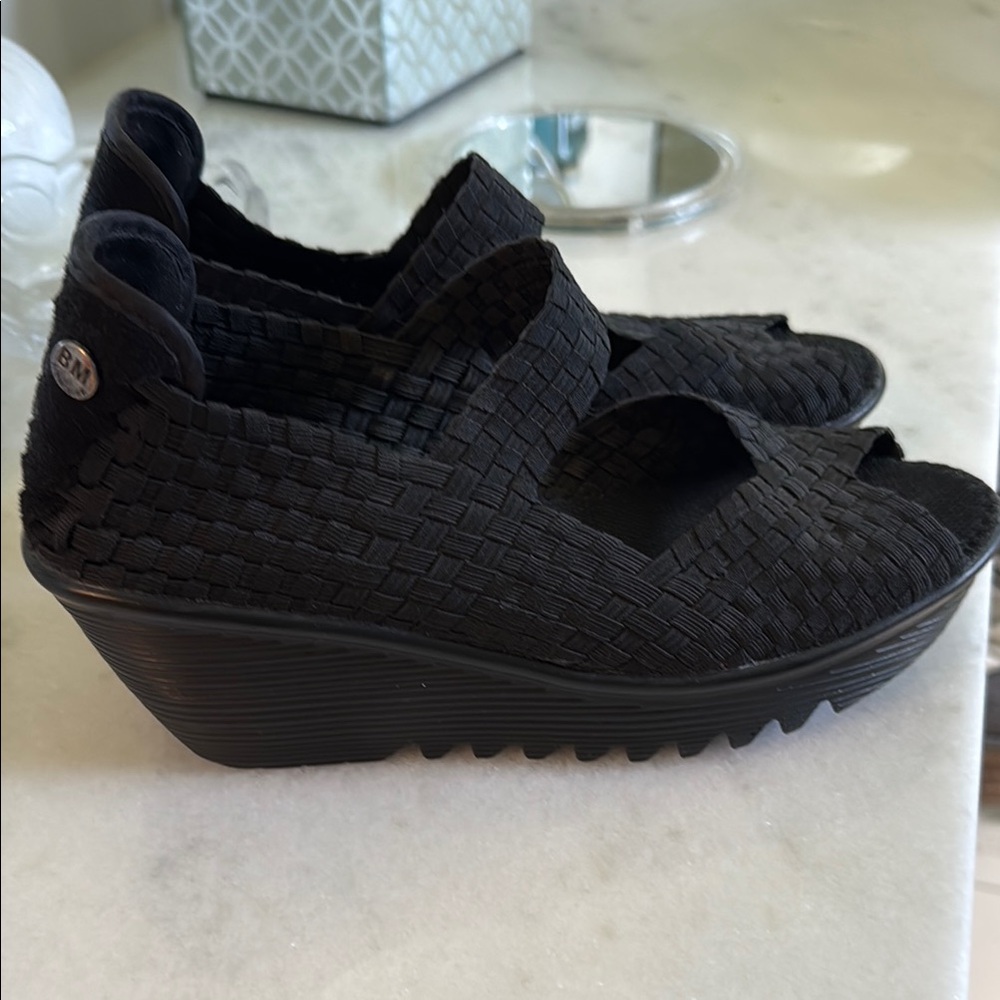 bernie mev. Black Woven Wedge Shoes